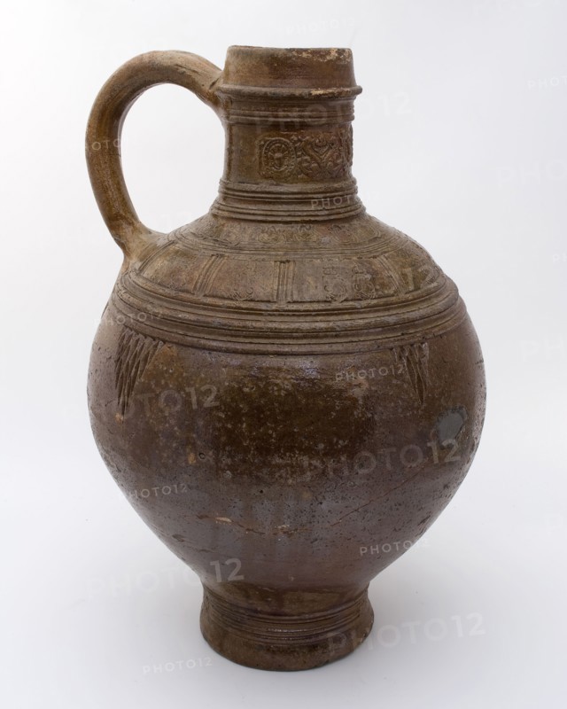 Large stoneware bullet, big ear, brown glazed, decorated with floral motifs, medallions, Bullet pewter jug crockery holder soil