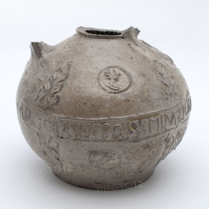 Gray Bartmann jug, also called Bellarmine jug, round middle belly text band, portrait medallions and acanthus leaves, beardmug