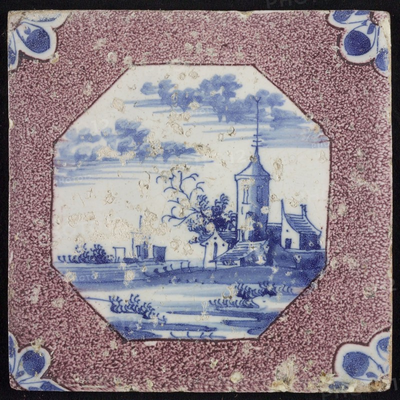 Scene tile purple sprinkled tile, cityscape, corner motif quarter rosette, wall tile tile sculpture ceramic earthenware glaze