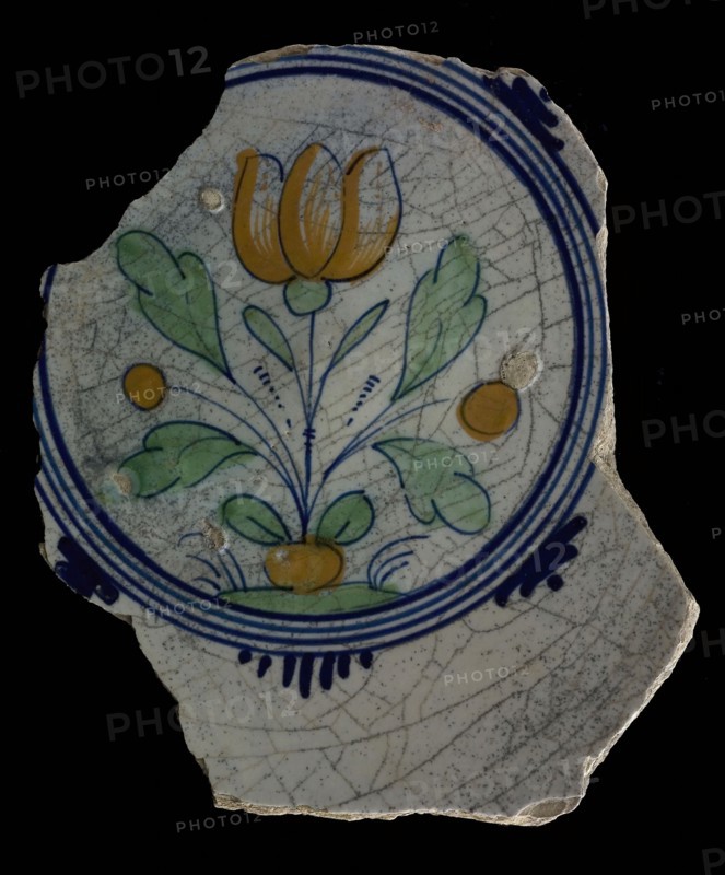 Fragment majolica dish, polychrome, image of tulip on ground, plate crockery holder soil find ceramic earthenware glaze lead