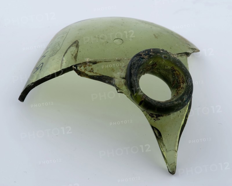 Two fragments of green square bottle, piece of shoulder with neck opening, bottom, bottle holder soil find glass bottom, free
