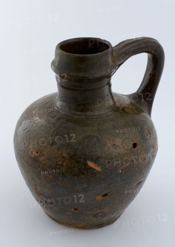 Pottery jug on small stand, standing ear, ringed neck, jug holder tableware earthenware pottery earthenware glaze salt glaze
