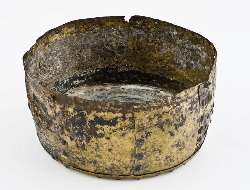 Aker or copper thin-walled pot, pot holder soil found brass copper metal, hammered riveted Aker or copper thin walled pot