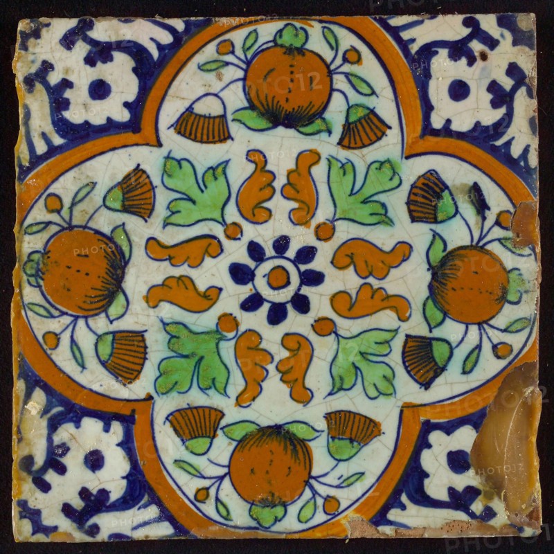Ornament tile or pompadrain tile, corner pattern palmet, wall tile tile sculpture ceramic earthenware glaze, baked 2x glazed