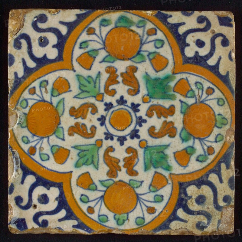 Ornament tile, orange and marigolds, four-sided frame, corner motif, wall tile tile sculpture ceramic earthenware glaze, baked