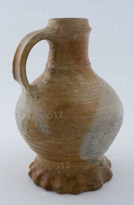 Stoneware jug on pinched base, convex model with broad band-ear, glazed, jug crockery holder soil find ceramic stoneware glaze