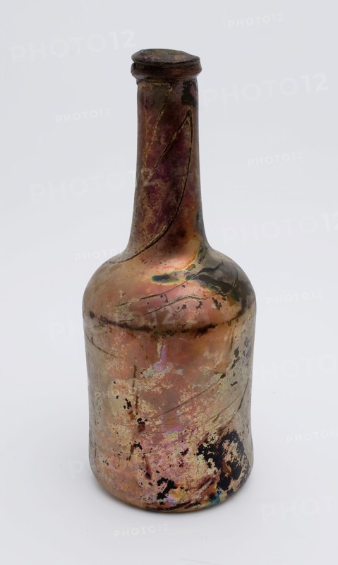 Green cylindrical bottle, gold iridescent, bottle holder soil find glass, free blown and shaped glass application Small