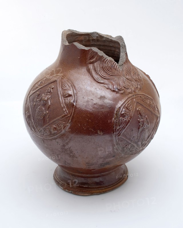 Bartmann jug, also called Bellarmine jug with three medallions with woman figure in rhomb, along which cherubs, Bartmann jug