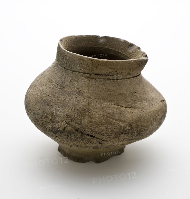 Gray pot with sagging at belly and neck, ball pot on stand ring, pot cup crockery holder soil find ceramic stoneware, hand