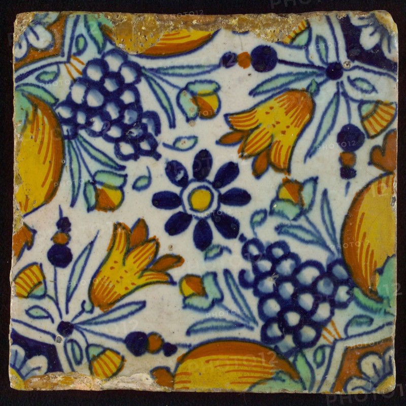Ornament tile, rosette with tulips and bunches of grapes, half orange apples, corner pattern, rose rosette, wall tile