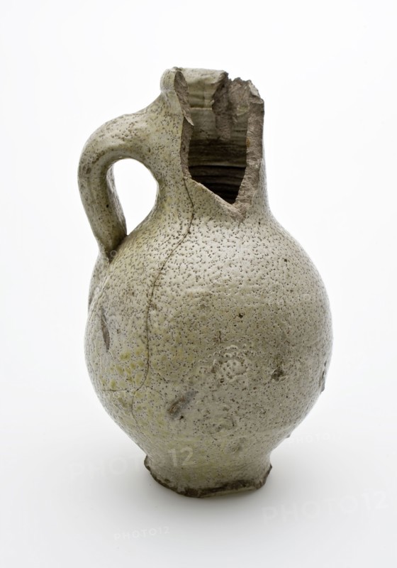Small stoneware jug with standing ear, gray glazed, jug holder soil find ceramic stoneware glaze salt glaze, surface 4.3 hand