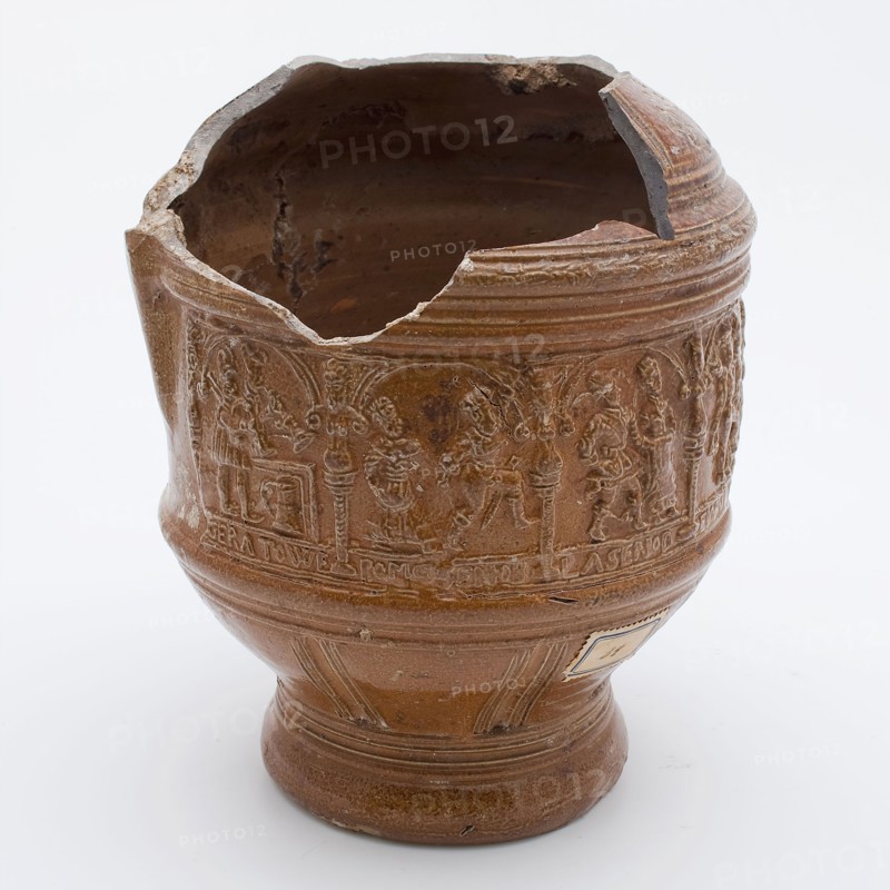 Fragment of stoneware peasant dung with writing and dancers under arcades, farmer's pitcher jug crockery holder fragment soil