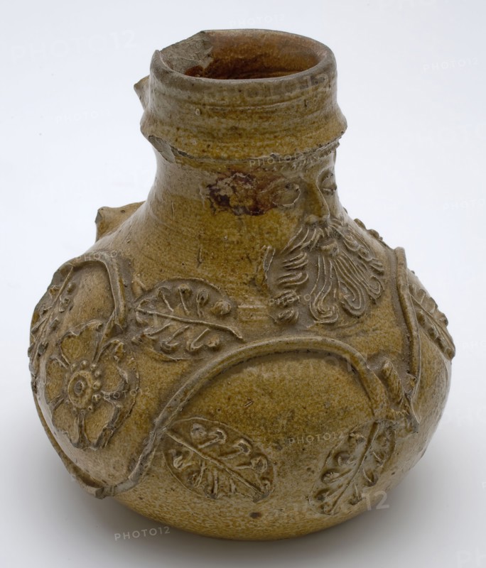 Bartmann jug, also called Bellarmine jug, stocky model, Bartmann jug, also called Bellarmine jug, mask and oak leaves, tendrils