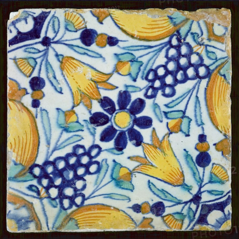 Ornament tile with blue rosette in the middle, tulips and fruit, wall tile tile sculpture ceramic earthenware glaze, baked 2x