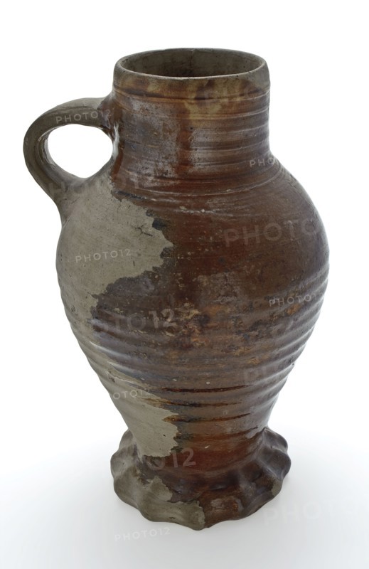 Stoneware jug be on pinched foot, ovoid with cylindrical neck, partly brown loam glaze, jug crockery holder soil find ceramic