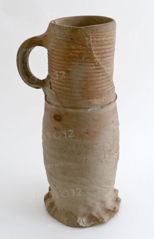 Stoneware jug be tied down with profiled edge at the bottom of the neck, jug crockery holder soil find ceramic stoneware, hand