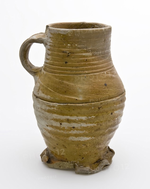 Stoneware pot jug, with rings around neck, ear, on pinched foot, pot jug crockery holder soil find ceramic stoneware, hand