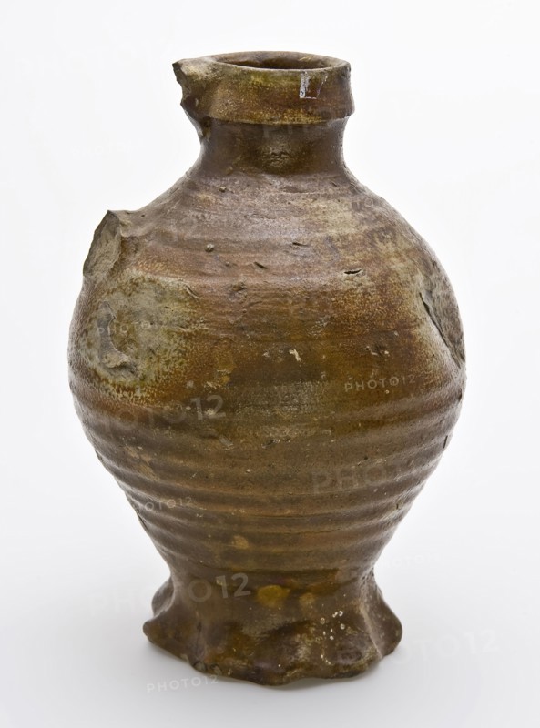 Brown stoneware jug with rings and pinched foot, cuff collar, jug crockery holder soil find ceramic stoneware clay engobe glaze