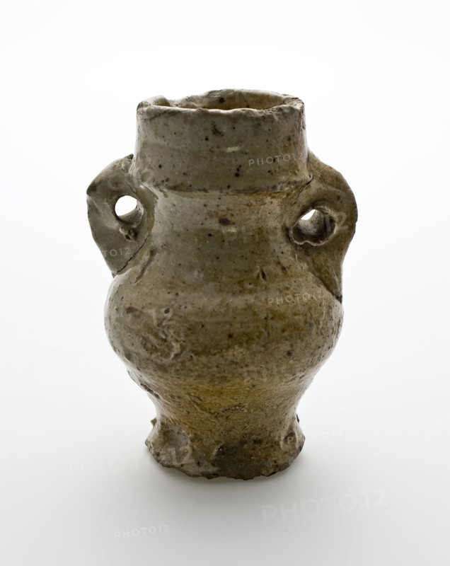 Small stoneware jar with two pierced ears, spider jar, jug holder soil find ceramic stoneware glaze salt glaze, hand turned