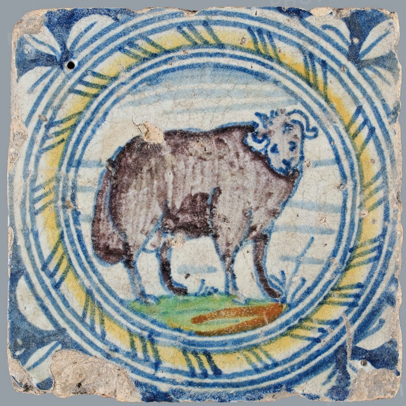 Circle tile or animal tile, ram, corner motif, three-leaf, wall tile tile sculpture ceramic earthenware glaze, baked 2x glazed
