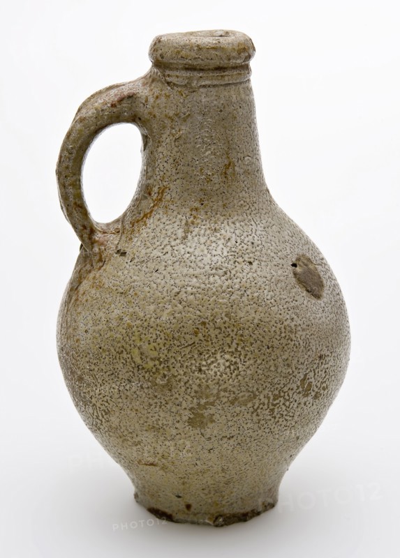 Gray stoneware jug with band ear and tail, ball-shaped model, jug crockery holder soil find ceramic stoneware glaze salt glaze h
