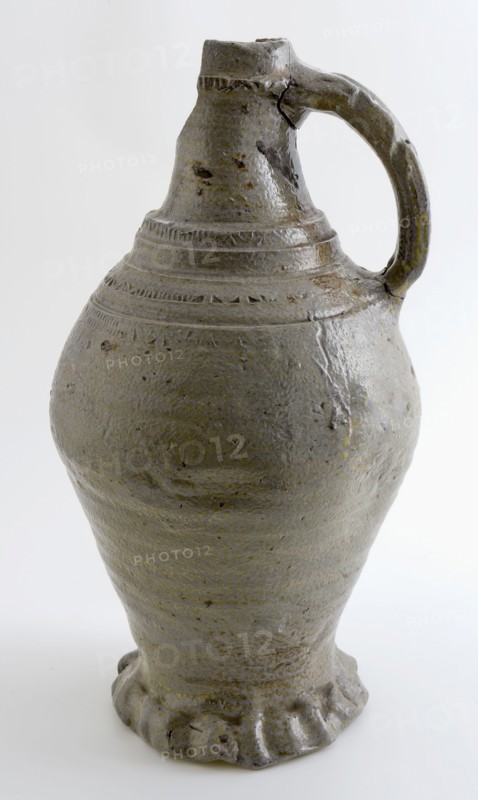 Gray stoneware jug with pinched foot edge, round shoulder profiled bands and rad stamping, jug crockery holder soil find ceramic