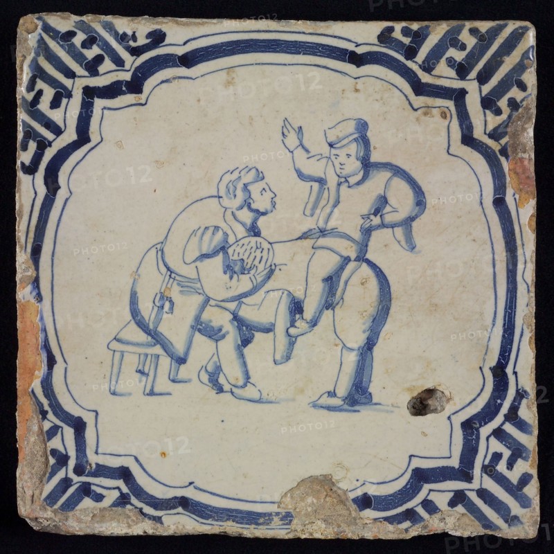 Scene tile, double child's play, goat buck buck, how many horns I have on, corner motif meander, wall tile tile sculpture