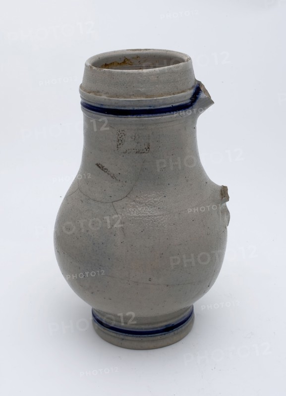 Stoneware jug, ear, blue band around neck and foot ring, pear-shaped, jug crockery holder soil find ceramic stoneware glaze salt