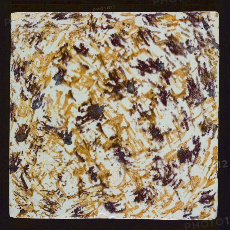 Tile, purple and orange brown brushed on white, wall tile tile sculpture ceramic earthenware glaze, baked 2x glazed painted