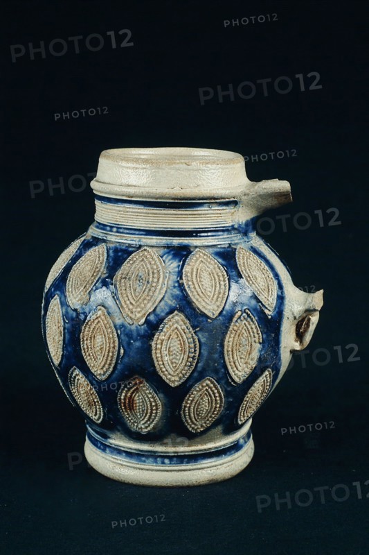 Stoneware bell jar on standing foot completely covered with pointed appliqués, Bullet pewter jug crockery holder soil find