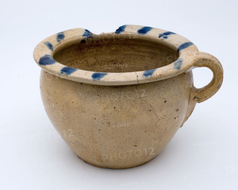 Stoneware ease of use or chamber pot with upright ear, on edge blue stripe decor, pot holder sanitary soil find ceramic