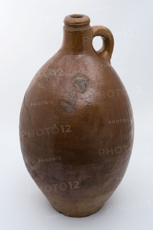 Stoneware jug with sausage ear, brown glazed, marked on the shoulder 3, jug holder kitchen utensils earthenware ceramic