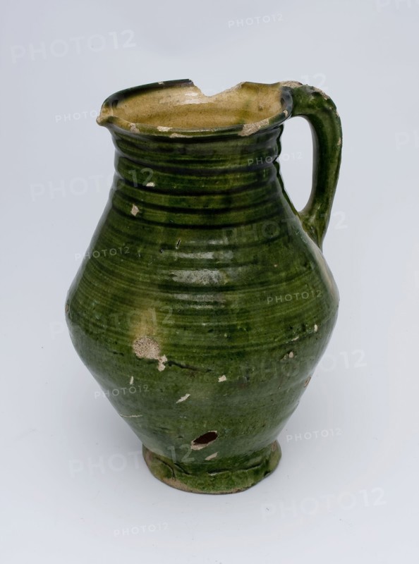 Pottery jug, with ear and shank, yellow and green, water jug crockery holder soil find ceramic earthenware glaze lead glaze