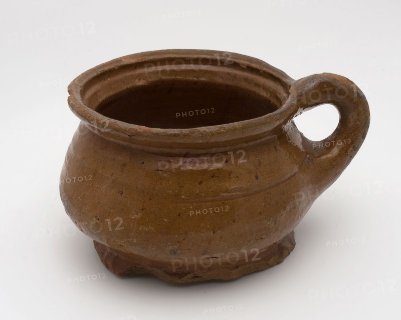Pottery chamber pot, ease of use on stand, with standing ear and wide neck opening, pot holder sanitary soil found ceramic