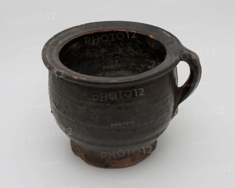 Pottery chamber pot, ease of use on stand, dark purple glazed, pot holder sanitary soil found ceramic earthenware glaze lead