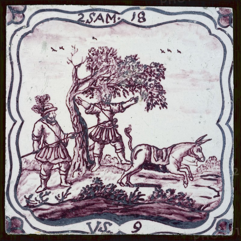 Scene tile, Absalom hanging in tree, wall tile tile sculpture ceramic earthenware glaze, baked 2x glazed painted Square yellow