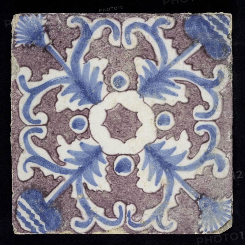 Ornament tile, purple sprinkled, without corner motif, wall tile tile sculpture ceramic earthenware glaze, baked 2x glazed
