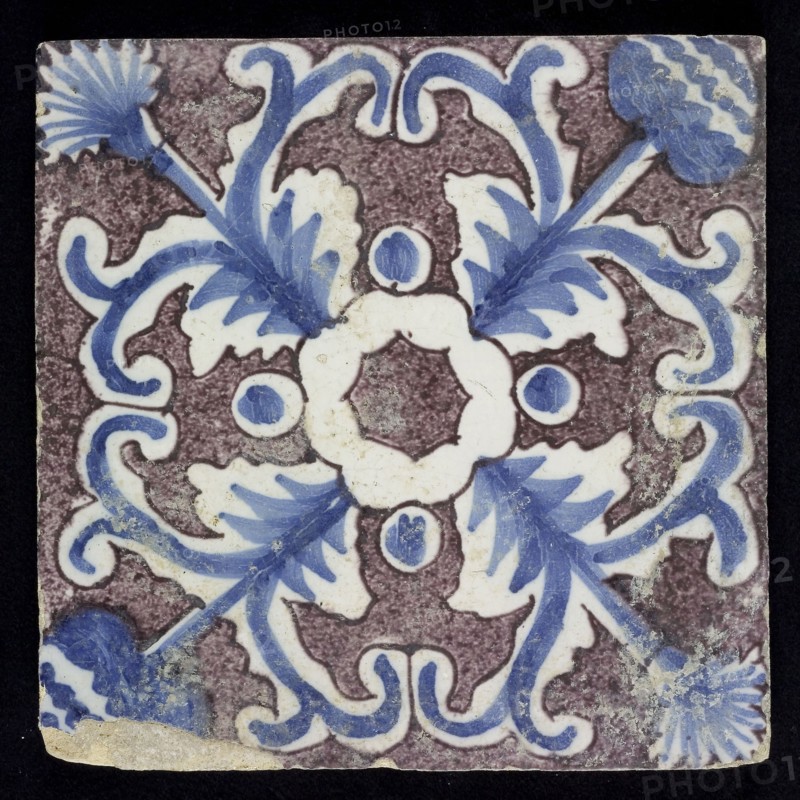 Ornament tile, purple sprinkled, without corner motif, wall tile tile sculpture ceramic earthenware glaze, Baked 2x glazed