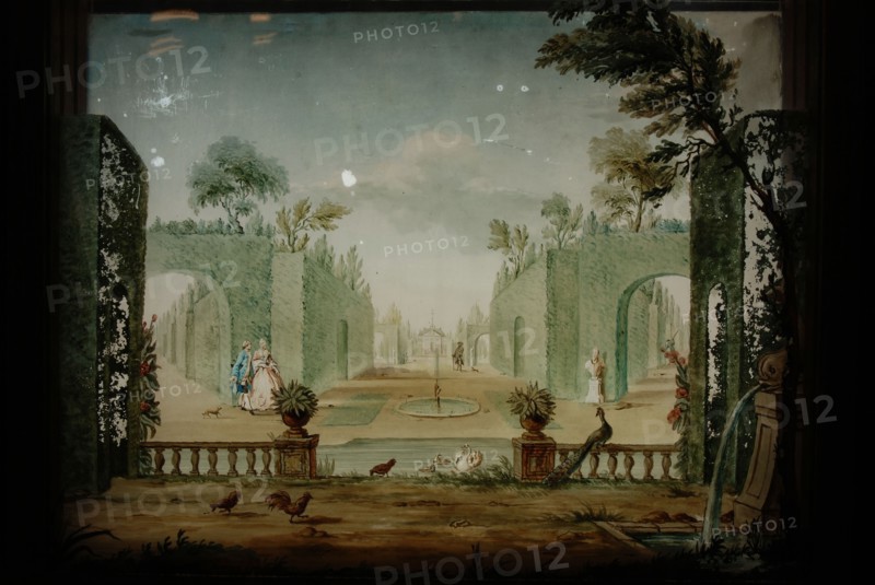 Perspective box with four painted glass plates, 'plesierigh buijtenleven', perspective cabinet glass plate glass paint oak wood