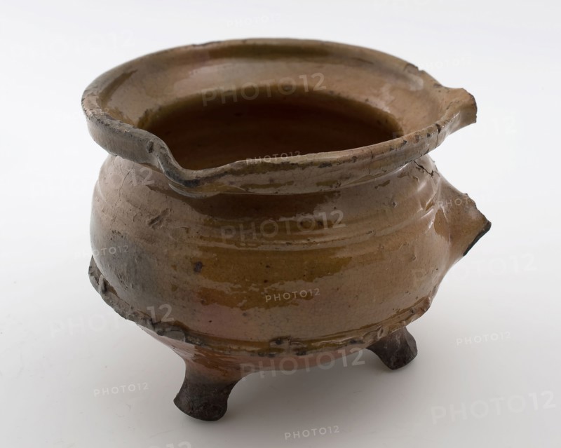 Pottery cooking jug, grape-model, red shard, glazed, shank, sausage ear, on three legs, cooking jug be found in the earthenware