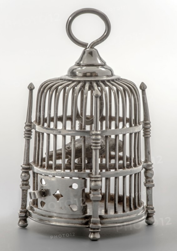 Silversmith: Arnoldus van Geffen, Silver miniature bird cage with bird, birdcage holder dolls toys recreation miniature model