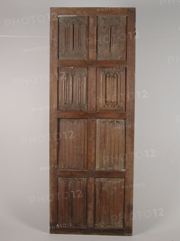 Room door with letter panels, door building part wood oak wood, Gothic room door with eight different letter panels: decorated