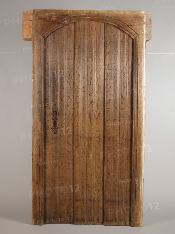 Door in frame, door building part wood oak wood, sawn planed forged Ceiling door in frame with hand-forged cross-hinges, hinges