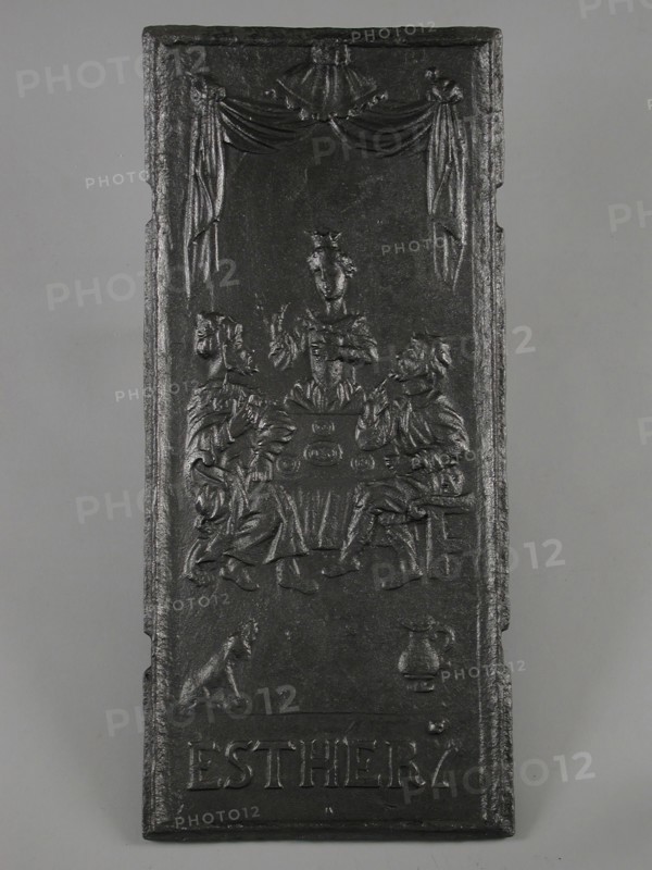 Fireback biblical representation Ester, text ESTHER 7, hob plate cast iron, cast Rectangular hob with biblical representation