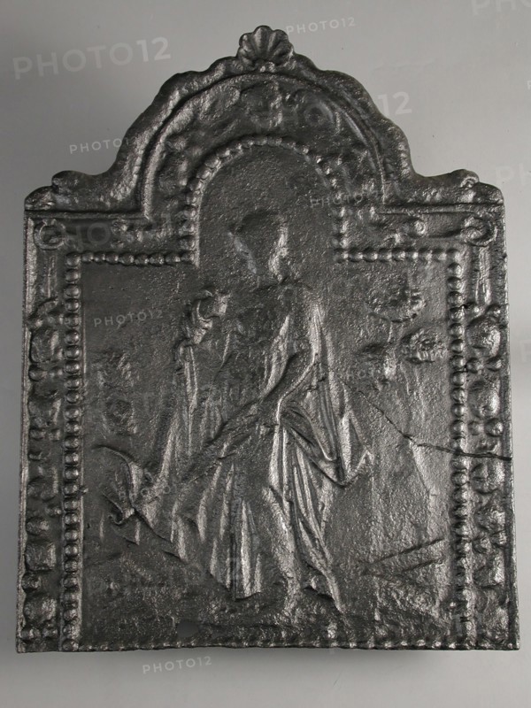 Fireback woman with snake, Eve, hob plate cast iron, cast Rectangular hob with bow Around wide rim with fruit hangers