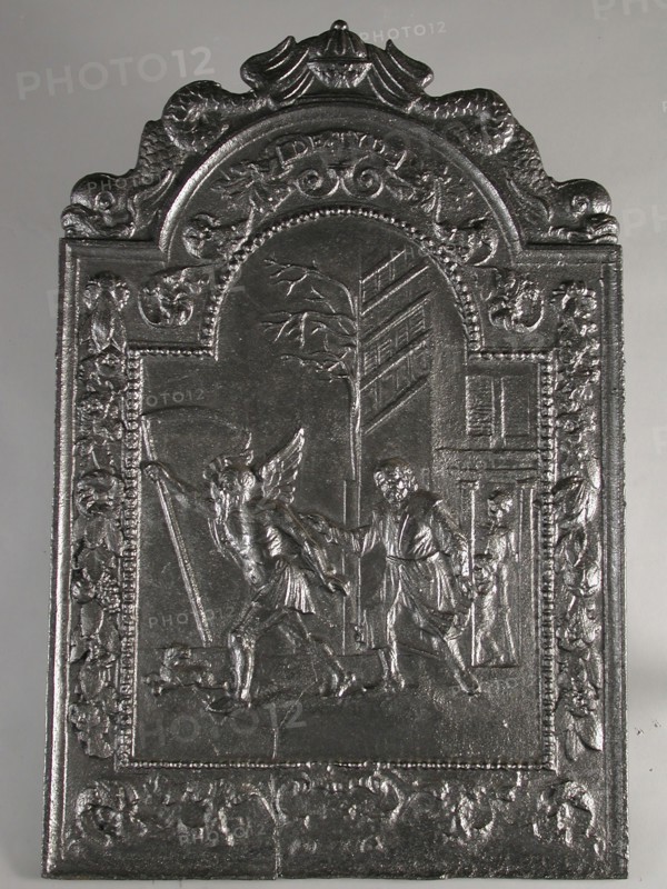 Fireback De Tijd, sent away by man, child with skeleton in doorway, text DE TYD, hob plate cast iron, cast Rectangular arch