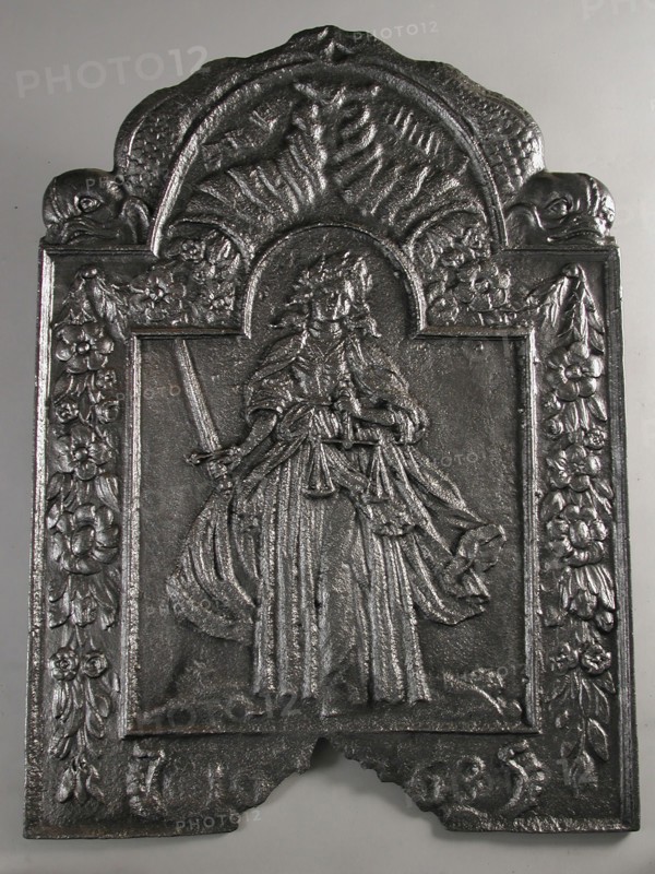 Fireback Lady Justice, Justice, year 1663, fire place, cast Rectangular with arch at the top where dolphins Wide edge