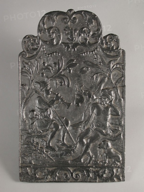 Fireback with flute playing Mercury, resting man, cow and dog, fire plate cast iron, cast Rectangular with arch at the top