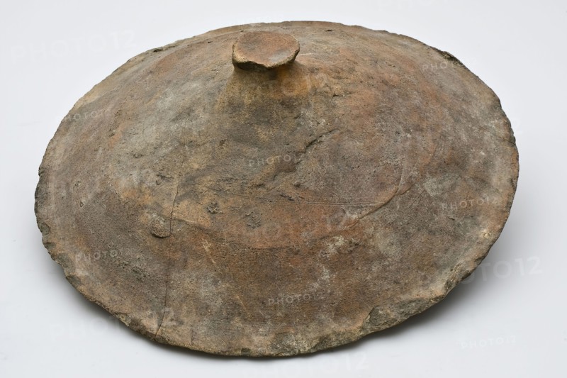 Earthenware lid with small knob in the middle, unglazed, lid closure part soil found ceramic pottery, hand turned pottery lid