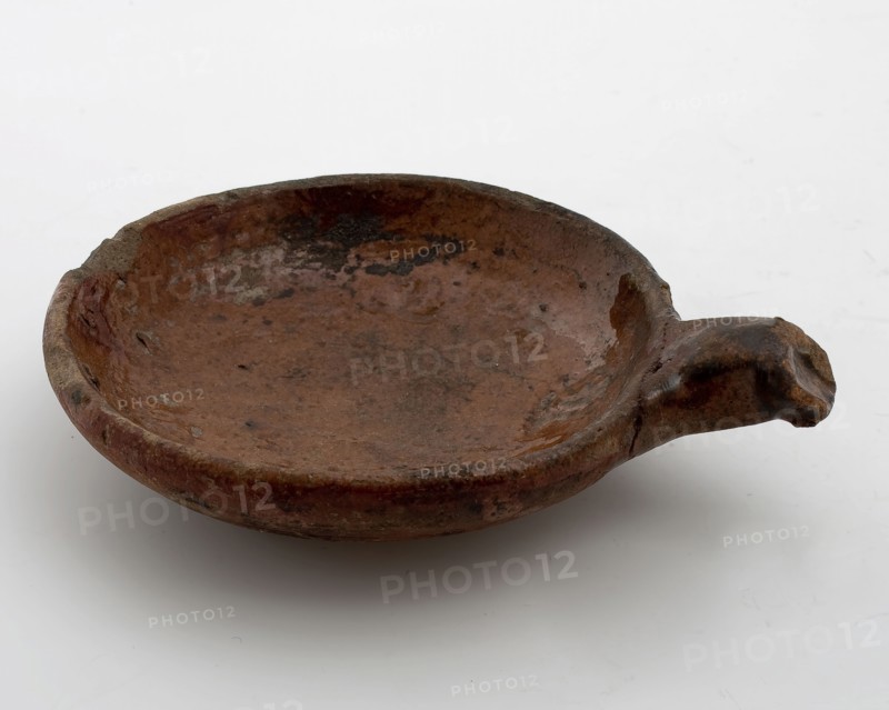 Small earthenware toy saucepan, red shard, partially glazed, on pinched stand fins, saucepan pan tableware holder kitchenware